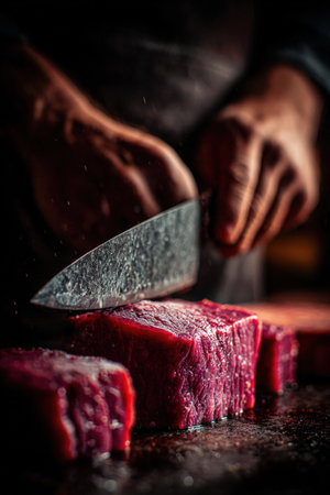 Chef is skillfully cutting premium beef on a wooden board, with droplets of moisture in the air, highlighting the artistry and craftsmanship of culinary preparationの素材