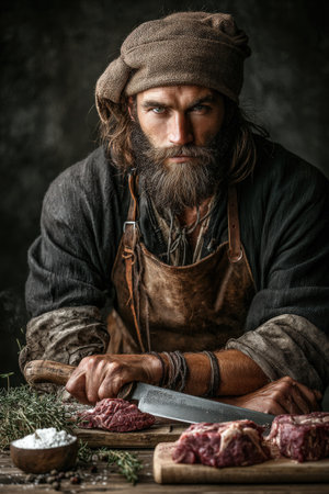 Male butcher in rustic clothing is expertly cutting meat on a wooden surface, with herbs and spices nearby, highlighting traditional culinary skills and craftsmanshipの素材