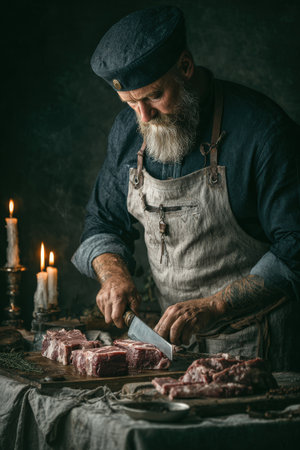 Male butcher is cutting fresh meat on wooden board, with candles and rustic elements creating a warm atmosphere, highlighting traditional culinary skillsの素材