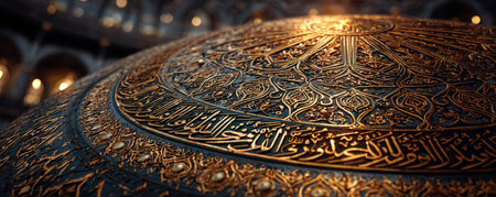 Ornate dome featuring intricate golden calligraphy and detailed patterns, softly illuminated, highlighting cultural artistry and architectural beauty in a stunning visual displayの素材