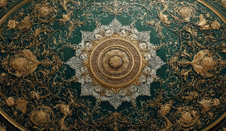 Detailed ceiling artwork with gold floral motifs on deep green backdrop, highlighting the beauty of craftsmanship and artistic expression in interior designの素材