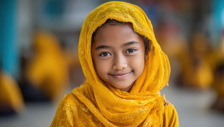 Smiling young girl wearing a yellow scarf, radiating joy and warmth in a colorful setting, surrounded by cultural elements that enhance the atmosphere of happinessの素材