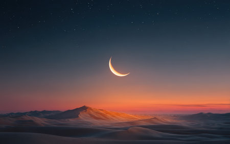 Tranquil desert scene at twilight featuring a crescent moon above rolling sand dunes, with soft shadows and a peaceful ambiance enhancing the natural beautyの素材