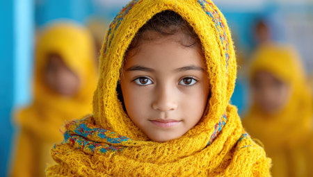 A young girl in a bright yellow scarf stands in a lively setting, radiating confidence and cultural beauty, surrounded by soft colors and warm lightの素材