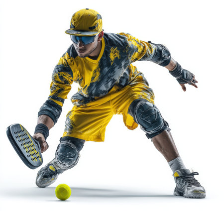 Male paddle tennis player in vibrant yellow attire, showcasing agility and concentration while playing, with a tennis ball and paddle in action, capturing the essence of competitive sportsの素材