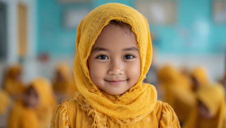 Smiling young girl in yellow hijab stands confidently in classroom, surrounded by peers in similar attire, showcasing a vibrant atmosphere of community and cultural prideの素材
