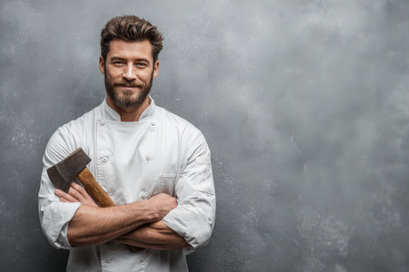 Male chef in white attire stands confidently with arms crossed, holding a knife, against a textured gray backdrop, emphasizing culinary skills and dedicationの素材