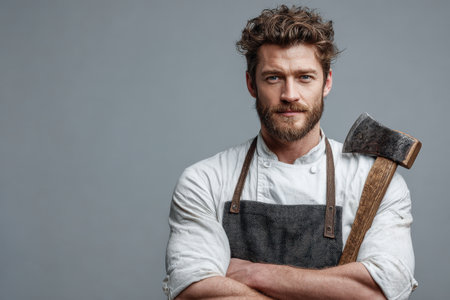 Confident male woodworker in gray apron holds axe, showcasing craftsmanship and strength, with a neutral background that emphasizes his skilled profession and dedication to woodworkingの素材