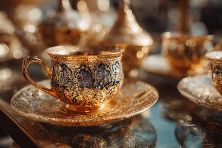 Golden tea cup with detailed patterns sits on a saucer, surrounded by similar cups, highlighting exquisite craftsmanship and a warm, inviting atmosphereの素材