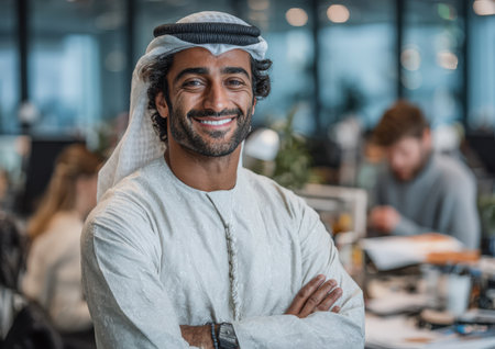 Male in traditional attire stands confidently in a modern office, smiling with arms crossed, surrounded by colleagues and a vibrant workspace filled with activityの素材