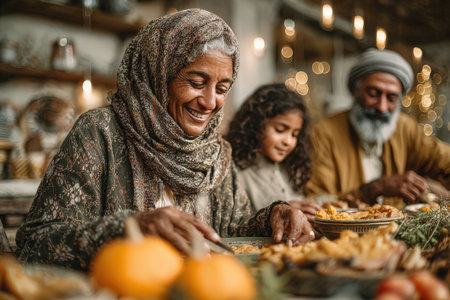 Joyful elderly woman in headscarf shares a festive meal with family, surrounded by delicious food and warm lighting, creating a cozy atmosphere of celebrationの素材