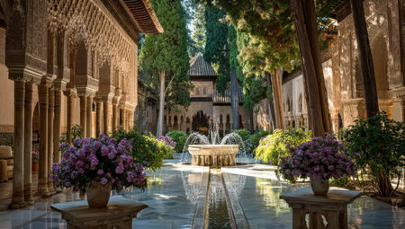Tranquil courtyard with a central fountain, surrounded by lush trees and colorful flowers, highlighting beautiful architectural elements and a peaceful ambiance for visitorsの素材