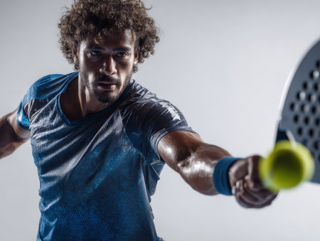 Male tennis player with curly hair is actively engaged in a match, reaching for a yellow ball with his racket, demonstrating athleticism and focus in a competitive atmosphereの素材