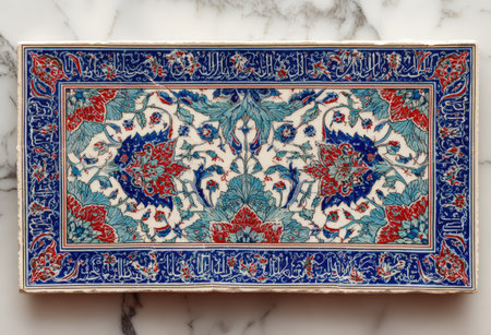 Decorative ceramic tile displays detailed floral motifs in vivid colors, highlighting craftsmanship and artistic tradition, perfect for interior design and cultural appreciationの素材