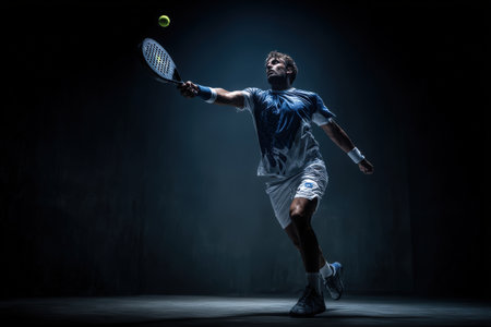 Male tennis player is captured in action, hitting a tennis ball with a racket, surrounded by dramatic lighting and shadows in an indoor court settingの素材