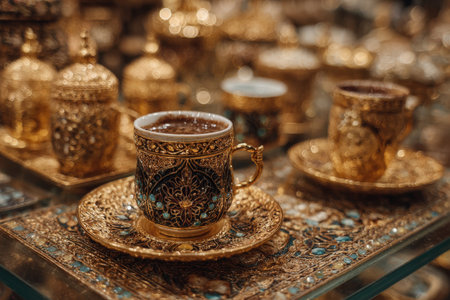Beautifully crafted golden coffee cup with detailed patterns rests on a decorative plate, surrounded by matching vessels, highlighting rich cultural artistry and eleganceの素材