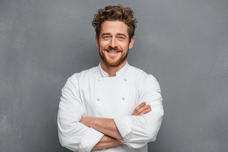 Male chef wearing white uniform stands with arms crossed, smiling against a textured gray backdrop, embodying confidence and culinary passion in a professional kitchen settingの素材