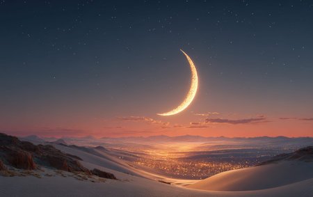 A crescent moon shines brightly over a calm desert scene at dusk, with soft sand dunes and a twinkling city skyline in the background, evoking tranquility and beautyの素材