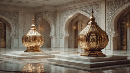 Golden sculptures are displayed in a lavish marble hall, showcasing detailed craftsmanship and elegant arches, enhancing the luxurious ambiance of the spaceの素材