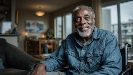 Senior man with gray beard, dressed in denim shirt, sits comfortably in a cozy living room, radiating warmth and friendliness in a welcoming environmentの素材