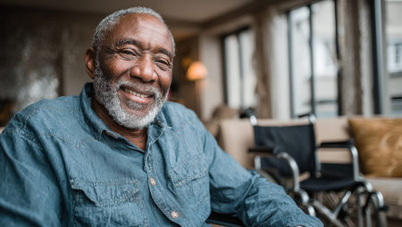 Senior man with gray beard smiles in a comfortable living room, surrounded by soft furnishings and warm lighting, creating a welcoming and relaxed ambianceの素材