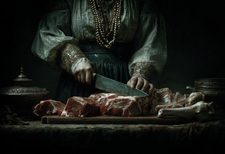 Traditional chef is cutting raw meat on a wooden board, surrounded by vintage kitchen items, highlighting the art of cooking and food preparationの素材