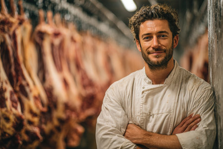 Confident male butcher in white apron stands with arms crossed in meat processing facility, surrounded by hanging cuts of meat, demonstrating skill and professionalismの素材