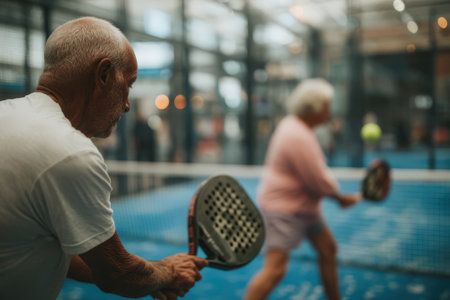 Elderly couple playing paddle tennis indoors, demonstrating their enthusiasm and athleticism in a well-lit sports facility with a net and colorful courtの素材