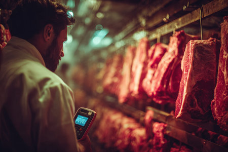 Butcher in white coat checks meat temperature with digital thermometer in a dimly lit storage area, emphasizing food safety and quality in meat processingの素材