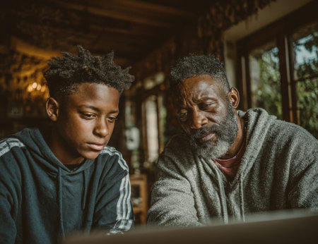 An African American man and a teenage boy are deeply engaged in conversation while viewing a laptop, set in a warm and inviting indoor space, highlighting their bondの素材