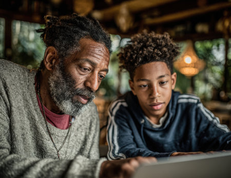 African American elder and young boy are collaborating on a laptop, immersed in a learning experience, highlighting the bond of mentorship and shared knowledgeの素材
