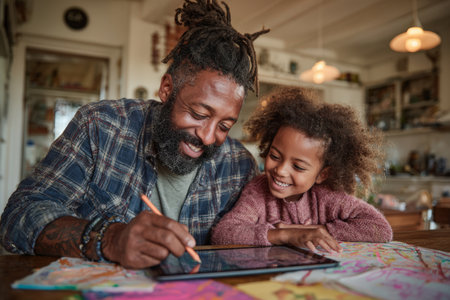 An African American man and young girl are happily drawing on a tablet, with vibrant artwork scattered around them, creating a warm and inviting atmosphereの素材