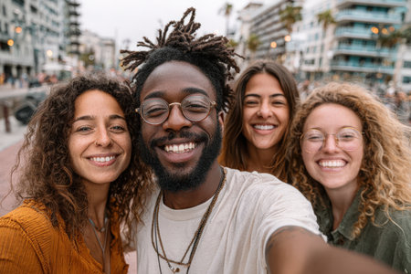 Four friends of different ethnicities are happily posing for a selfie outdoors, surrounded by a lively urban atmosphere with palm trees and buildings in the backgroundの素材