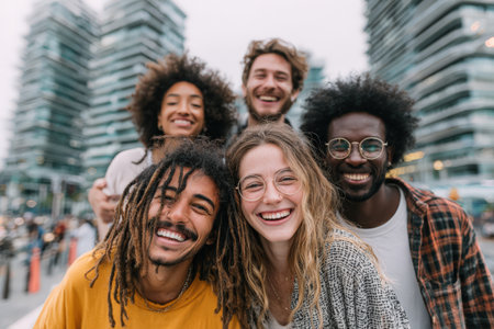 Diverse group of friends smiling and posing together outdoors, surrounded by modern buildings, capturing a moment of joy and friendship in an urban settingの素材