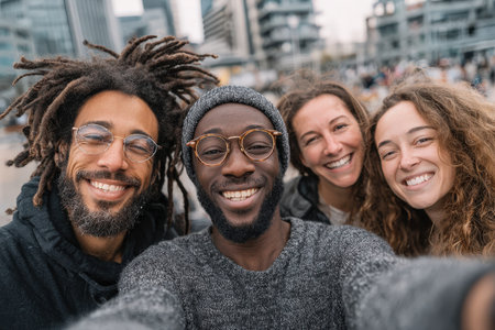 Diverse group of friends enjoying time together in an urban environment, radiating happiness and connection, embodying the spirit of friendship and communityの素材