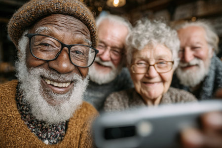 Group of four elderly friends happily taking a selfie, surrounded by warm indoor ambiance, highlighting friendship, joy, and shared moments in a cozy environmentの素材