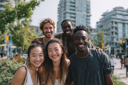 Diverse group of young adults enjoying time together outdoors, with modern buildings and greenery in the background, showcasing happiness and camaraderieの素材