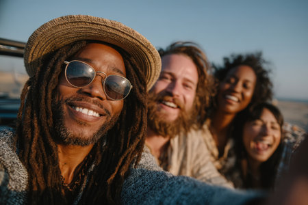 Diverse group of friends is taking a selfie outdoors, smiling and enjoying a sunny day, surrounded by nature and showcasing their joyful connection and friendshipの素材
