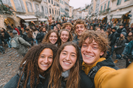 Diverse group of young adults happily posing for a selfie in a bustling urban street, surrounded by a crowd, capturing the essence of friendship and celebrationの素材