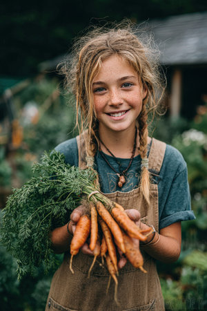 Girl in brown overalls, smiling while holding freshly picked carrots in a lush garden, surrounded by greenery, illustrating the beauty of nature and gardeningの素材