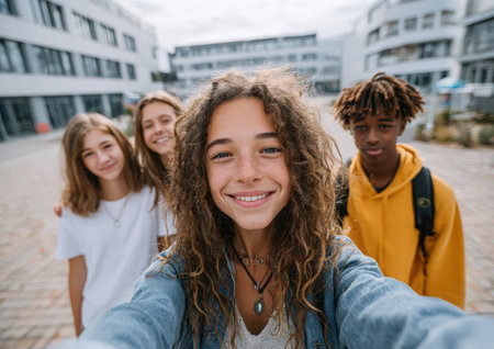 Diverse group of teenagers joyfully posing for a selfie outdoors, surrounded by modern buildings, expressing friendship and youthful energyの素材