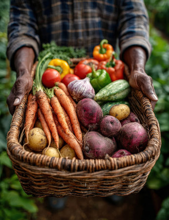 A basket filled with assorted fresh vegetables, including carrots, potatoes, and peppers, held in hands amidst a thriving garden, symbolizing organic farming and nutritionの素材