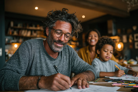 Male artist is sketching with children at a table in a warm, inviting space, surrounded by art supplies, highlighting family interaction and creativityの素材