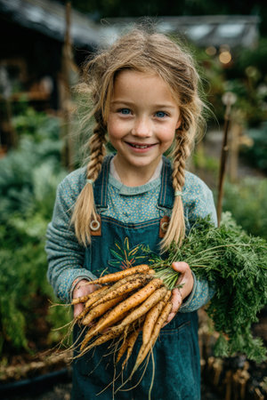 Child with braids is smiling while holding a bunch of fresh carrots in a garden, surrounded by plants and greenery, illustrating the joy of gardening and natureの素材