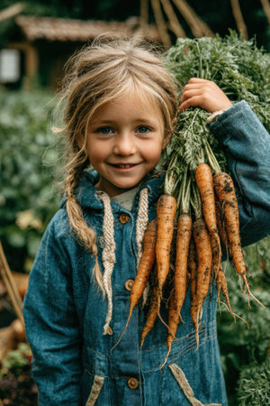 Child with long hair in denim jacket, smiling while holding freshly picked carrots in a vibrant garden, illustrating the connection between youth and natureの素材