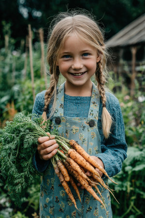 Child with blonde hair, wearing blue apron, happily holding freshly picked carrots in a vibrant garden, illustrating the joy of gardening and nurturing plantsの素材