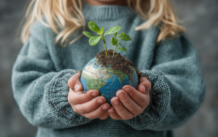 Young child holds a globe with soil and green sprouts, representing environmental awareness and sustainability, emphasizing the importance of nurturing nature and growthの素材