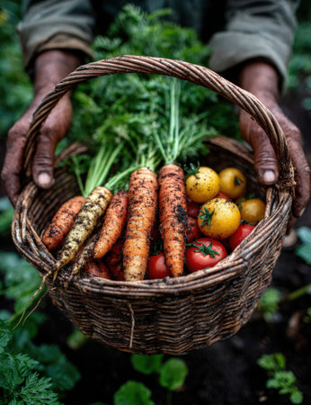A collection of fresh vegetables, featuring colorful carrots and tomatoes, is displayed in a rustic basket, highlighting the essence of organic farming and healthy livingの素材