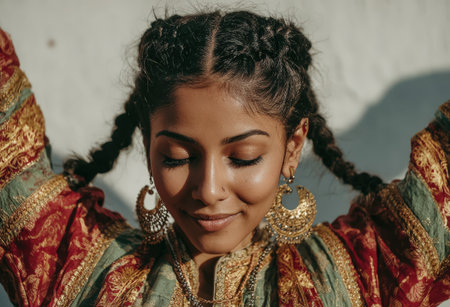 Woman with braided hairstyle, dressed in vibrant traditional clothing, adorned with jewelry, exuding cultural elegance and charm in a softly lit environmentの素材
