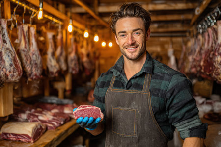 Male butcher proudly displays a fresh meat cut in a rustic shop, with various hanging meat pieces in the background, highlighting traditional butchery skillsの素材